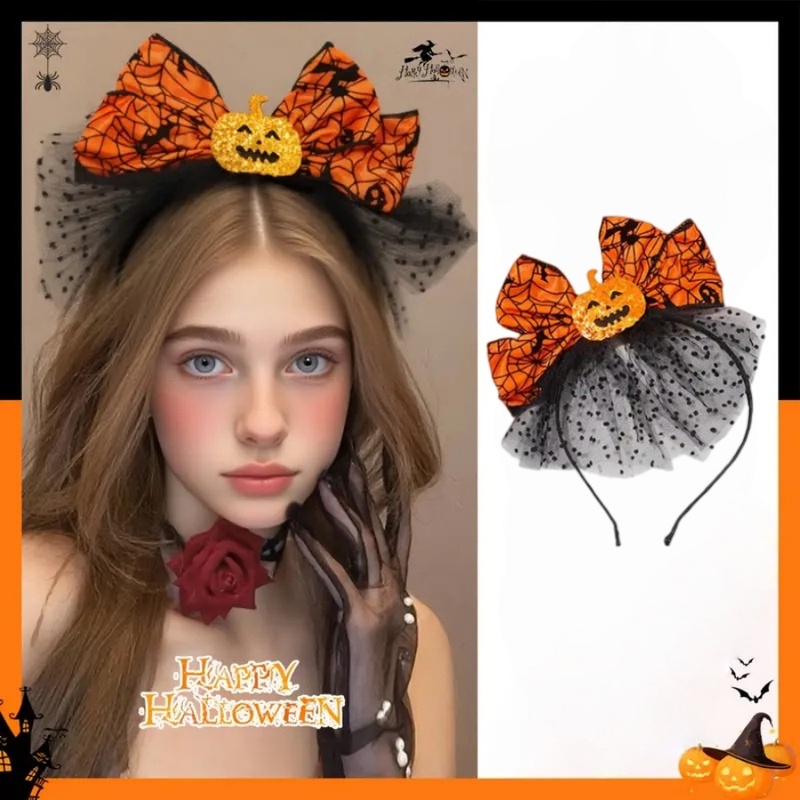 Spider Web Halloween Decoration - 1 Buah Ikat Kepala Busur Labu