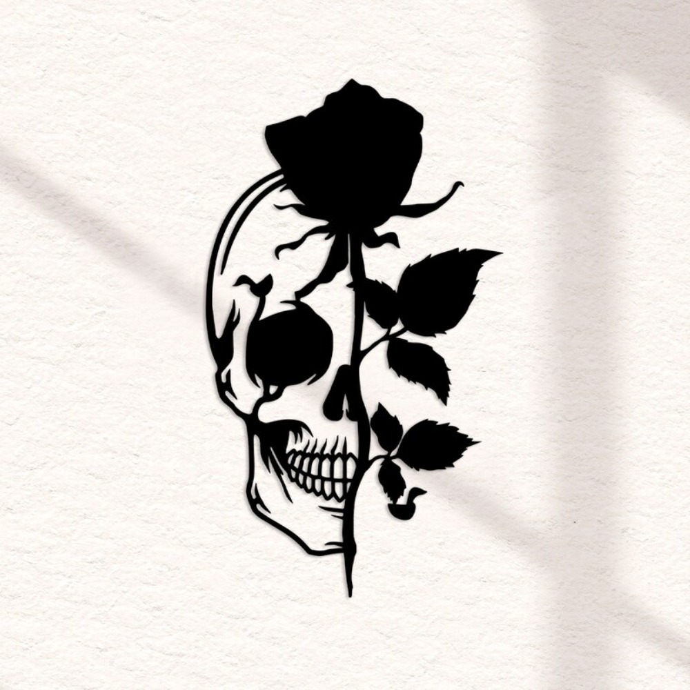 Halloween Skeleton Decoration - Seni Dinding Logam Tengkorak dengan Mawar,