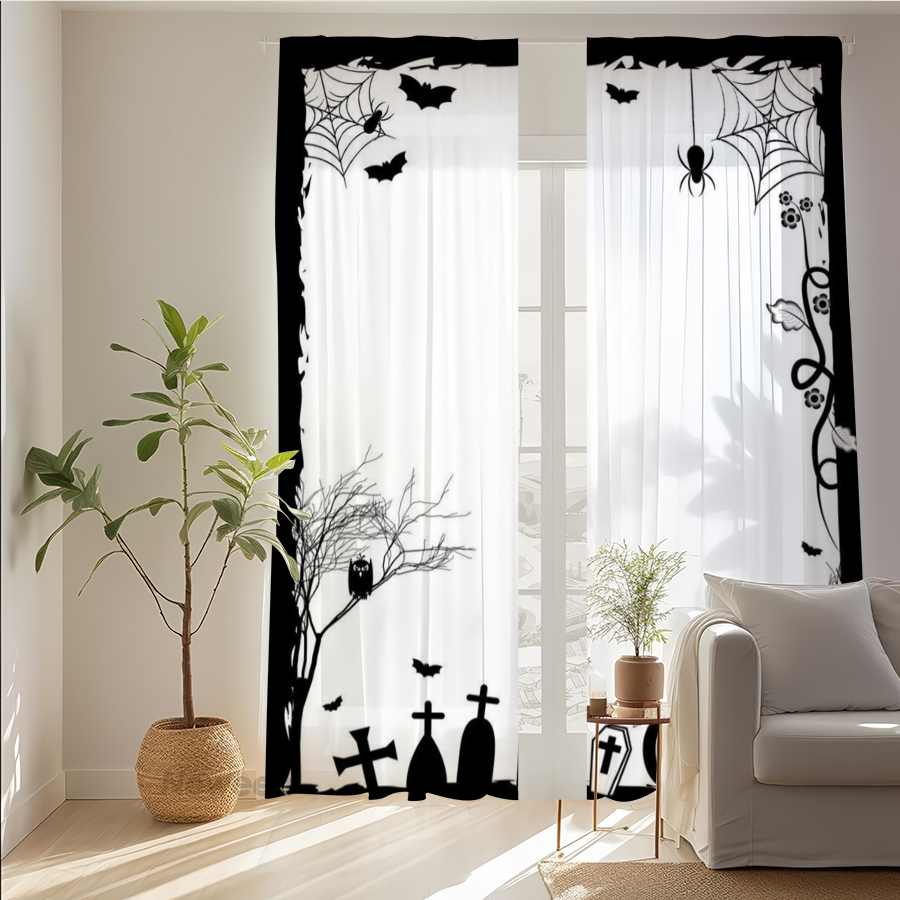 Spider Web Halloween Decoration - 2PCS Tirai Transparan Cetak Digital, Tirai