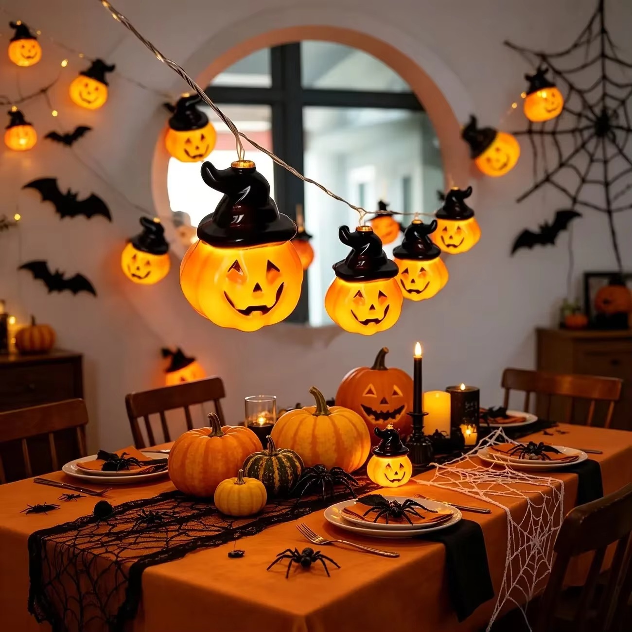 Halloween Led String Lights Orange - Lampu Hias Bentuk Topi Penyihir, Labu,